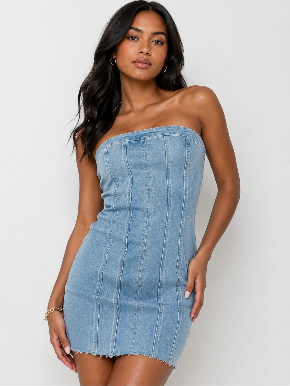 NWT Princess Polly Houser Denim Mini Dress Strapless Bodycon Light Wash Size 2
